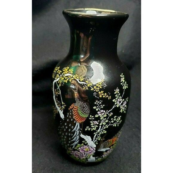 Vintage Black Porcelain Gold Trim Peacocks Floral Design Vase Plate Set Japan - Picture 2 of 5